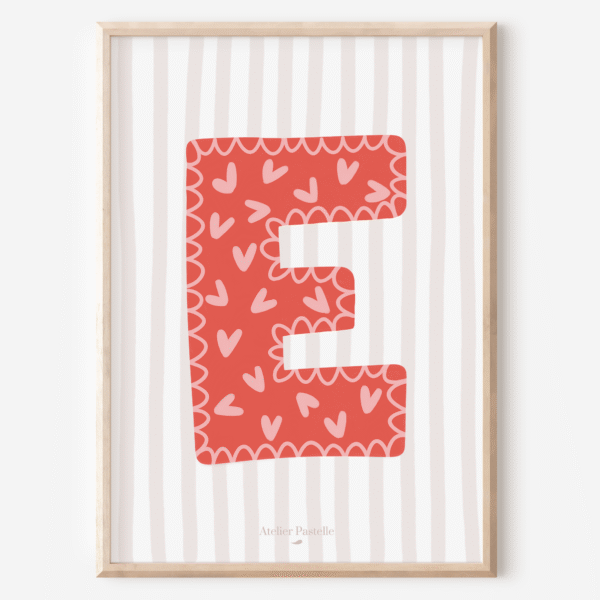 Affiche lettre E motif coeurs rouge - collection Les Petites Initiales