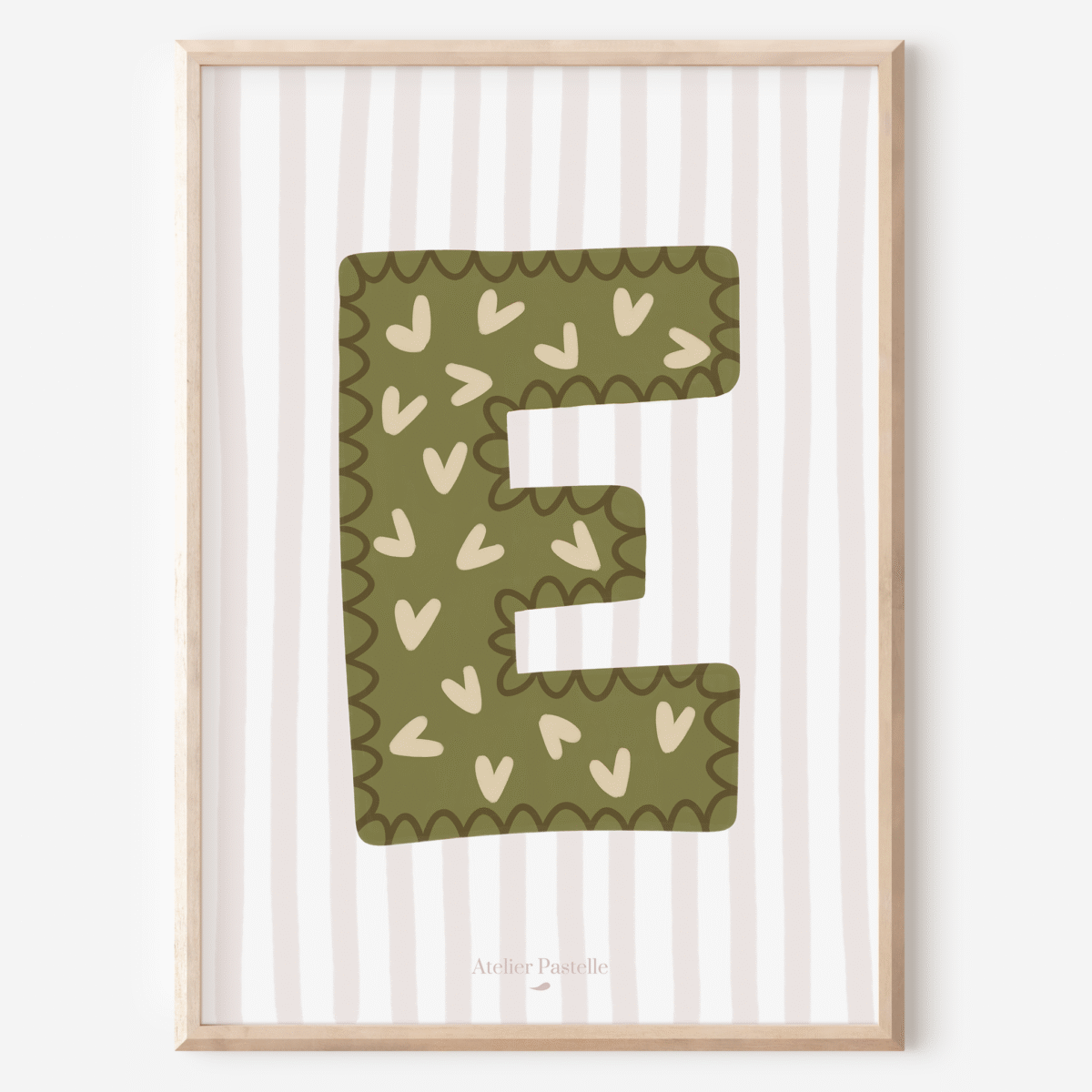Affiche lettre E motif coeurs vert - collection Les Petites Initiales