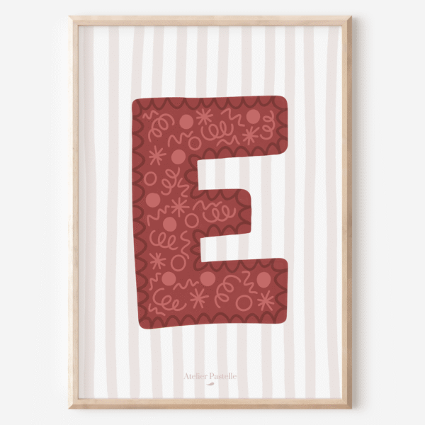 Affiche lettre E motif confettis bordeaux - collection Les Petites Initiales