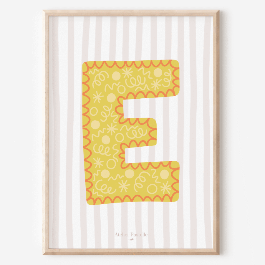 Affiche lettre E motif confettis jaune - collection Les Petites Initiales
