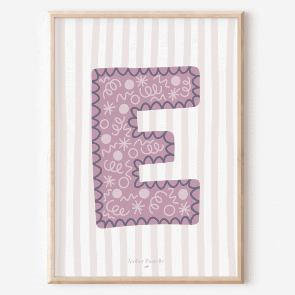 Affiche lettre E motif confettis violet - collection Les Petites Initiales
