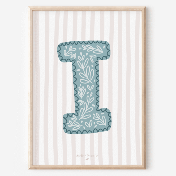 Affiche lettre I motif brindilles bleu clair - collection Les Petites Initiales