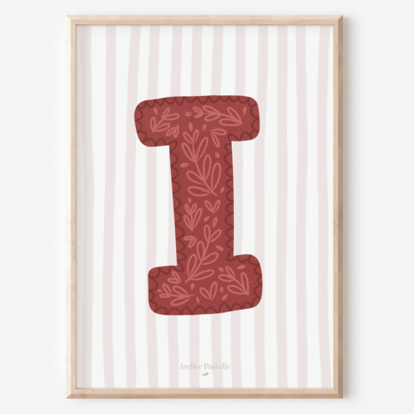 Affiche lettre I motif brindilles bordeaux - collection Les Petites Initiales