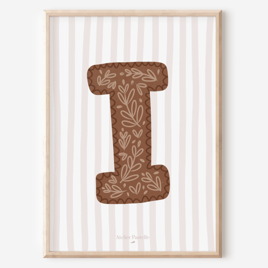 Affiche lettre I motif brindilles marron - collection Les Petites Initiales