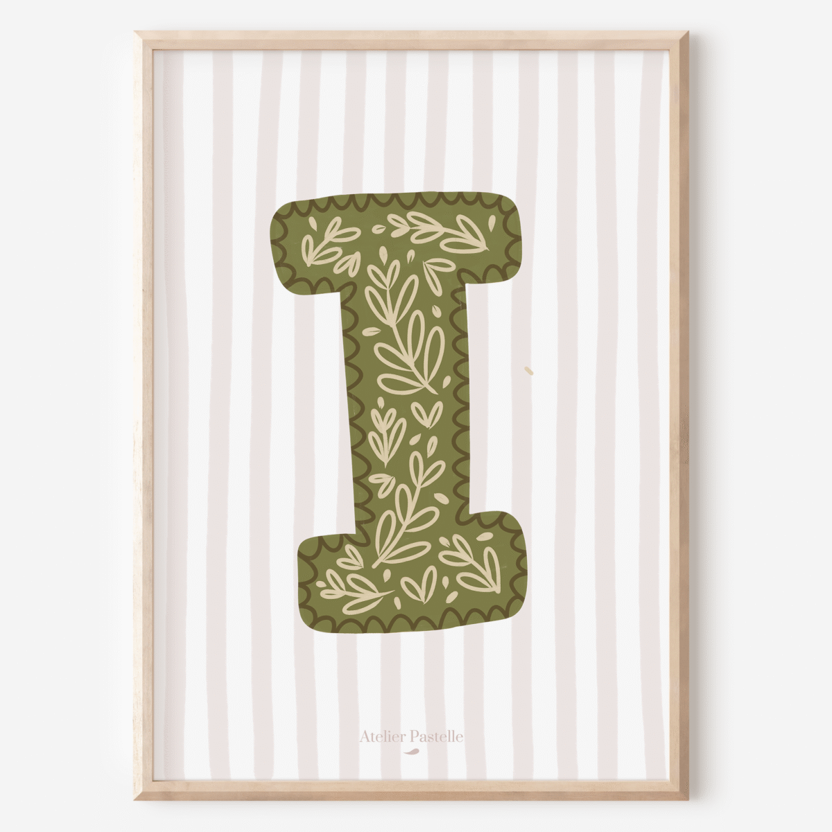 Affiche lettre I motif brindilles vert - collection Les Petites Initiales