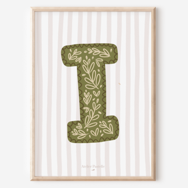 Affiche lettre I motif brindilles vert - collection Les Petites Initiales