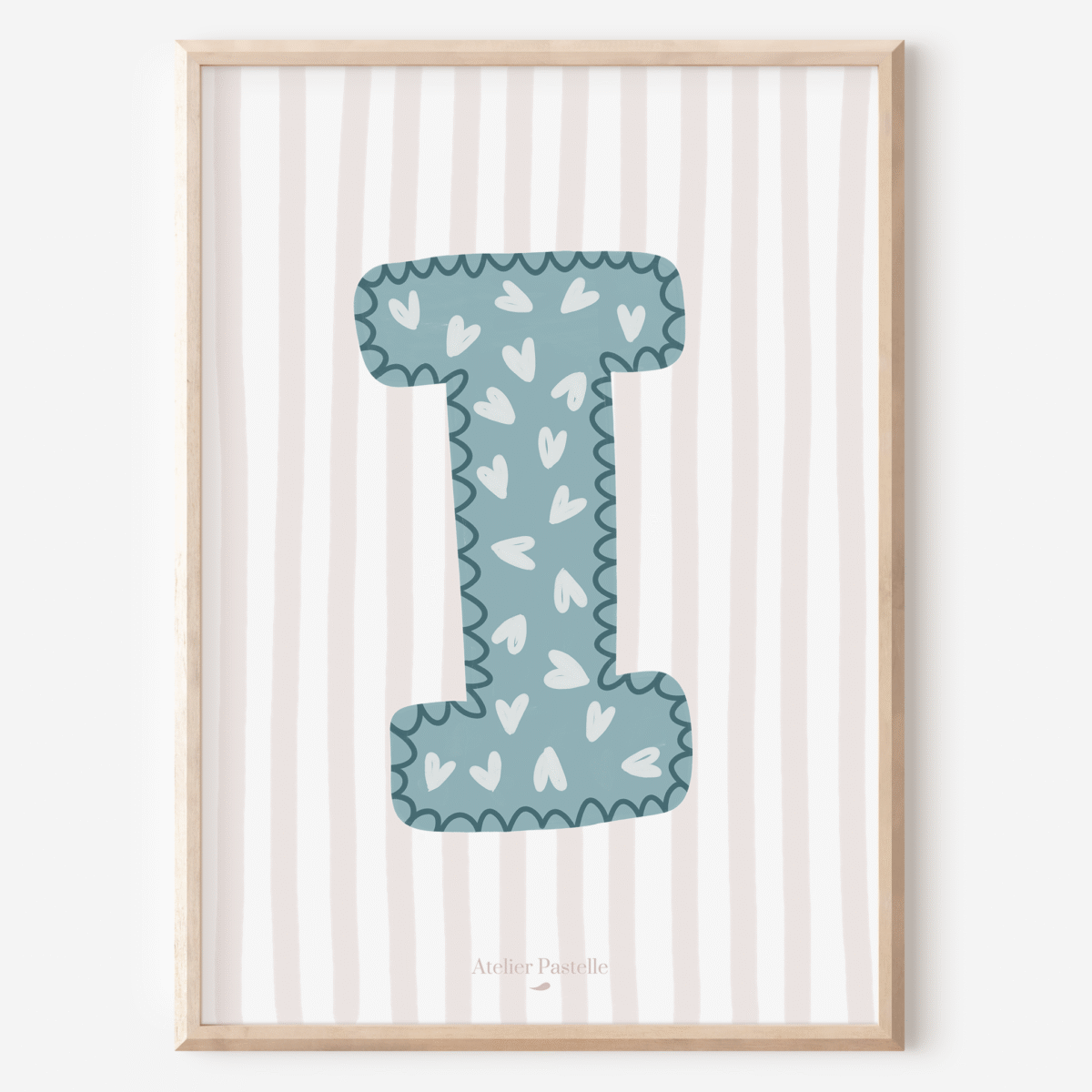 Affiche lettre I motif coeurs bleu clair - collection Les Petites Initiales