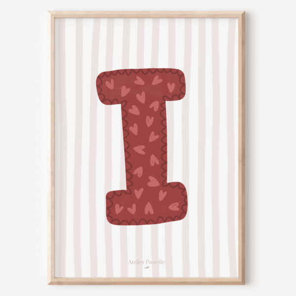Affiche lettre I motif coeurs bordeaux - collection Les Petites Initiales