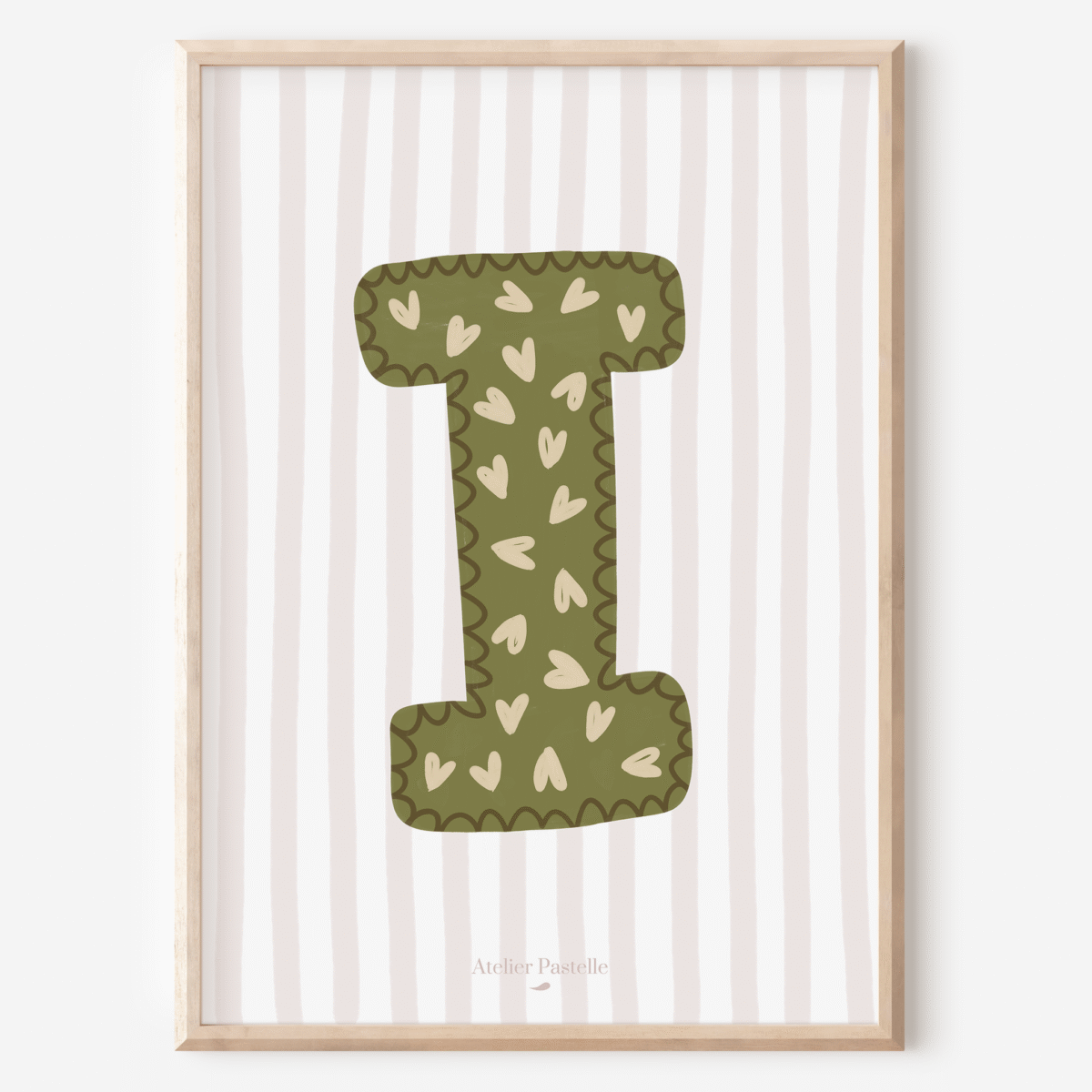 Affiche lettre I motif coeurs vert - collection Les Petites Initiales