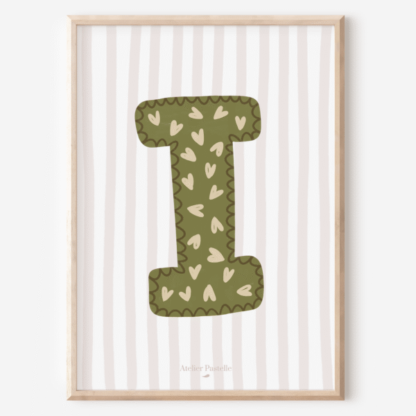 Affiche lettre I motif coeurs vert - collection Les Petites Initiales