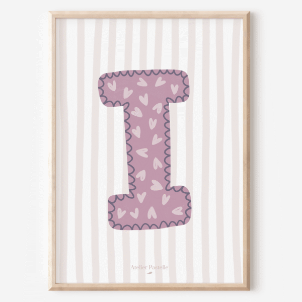 Affiche lettre I motif coeurs violet - collection Les Petites Initiales