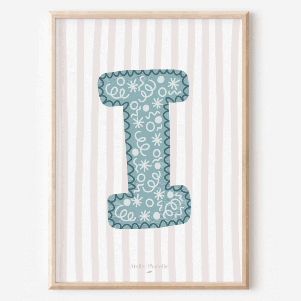 Affiche lettre I motif confettis bleu clair - collection Les Petites Initiales