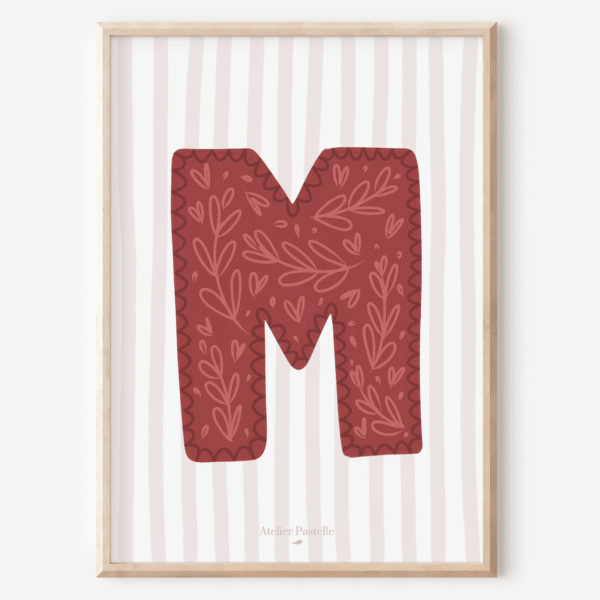 Affiche lettre M motif brindilles bordeaux - collection Les Petites Initiales
