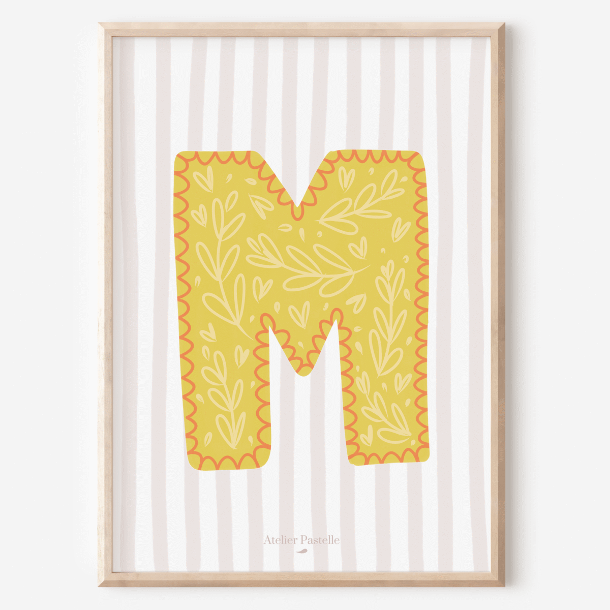 Affiche lettre M motif brindilles jaune - collection Les Petites Initiales
