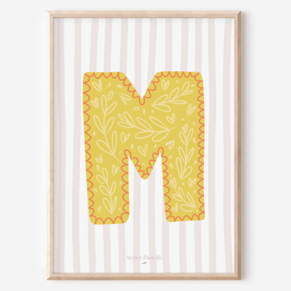 Affiche lettre M motif brindilles jaune - collection Les Petites Initiales