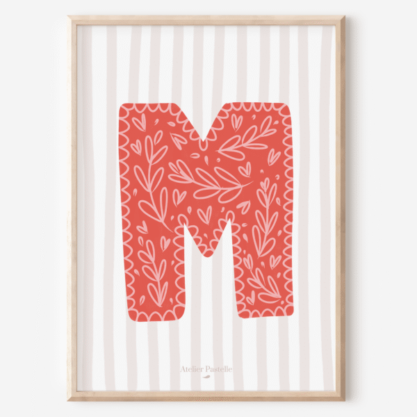 Affiche lettre M motif brindilles rouge - collection Les Petites Initiales
