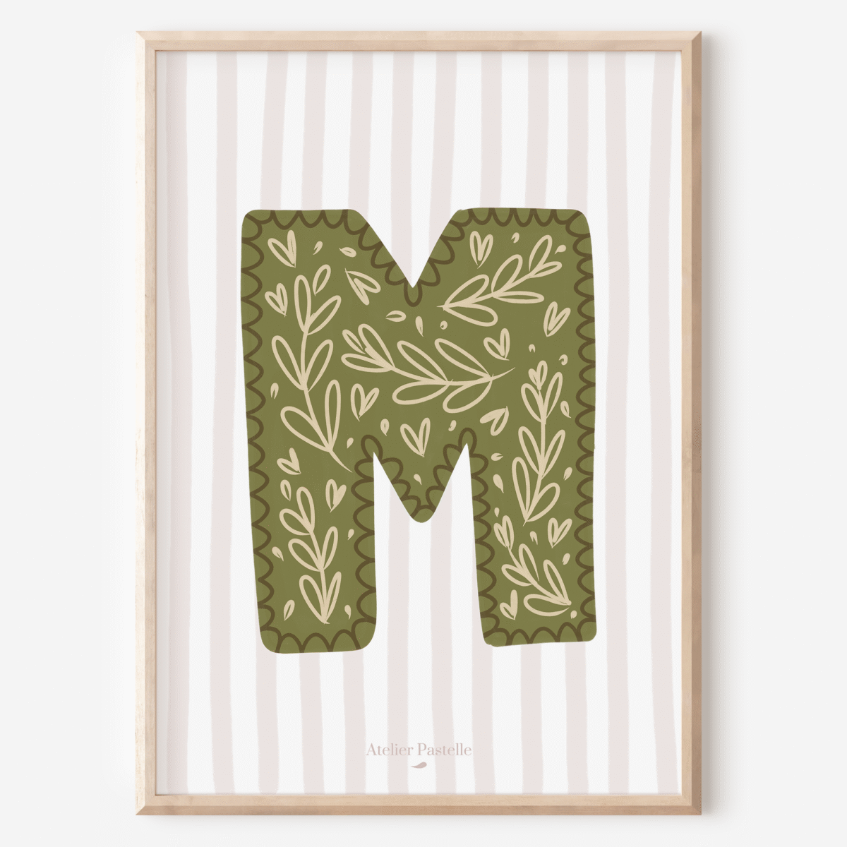 Affiche lettre M motif brindilles vert - collection Les Petites Initiales