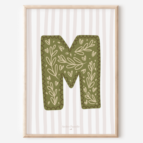 Affiche lettre M motif brindilles vert - collection Les Petites Initiales