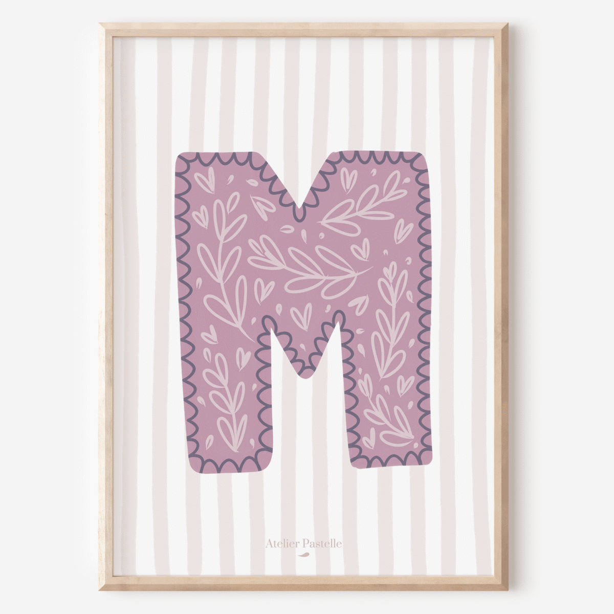 Affiche lettre M motif brindilles violet - collection Les Petites Initiales