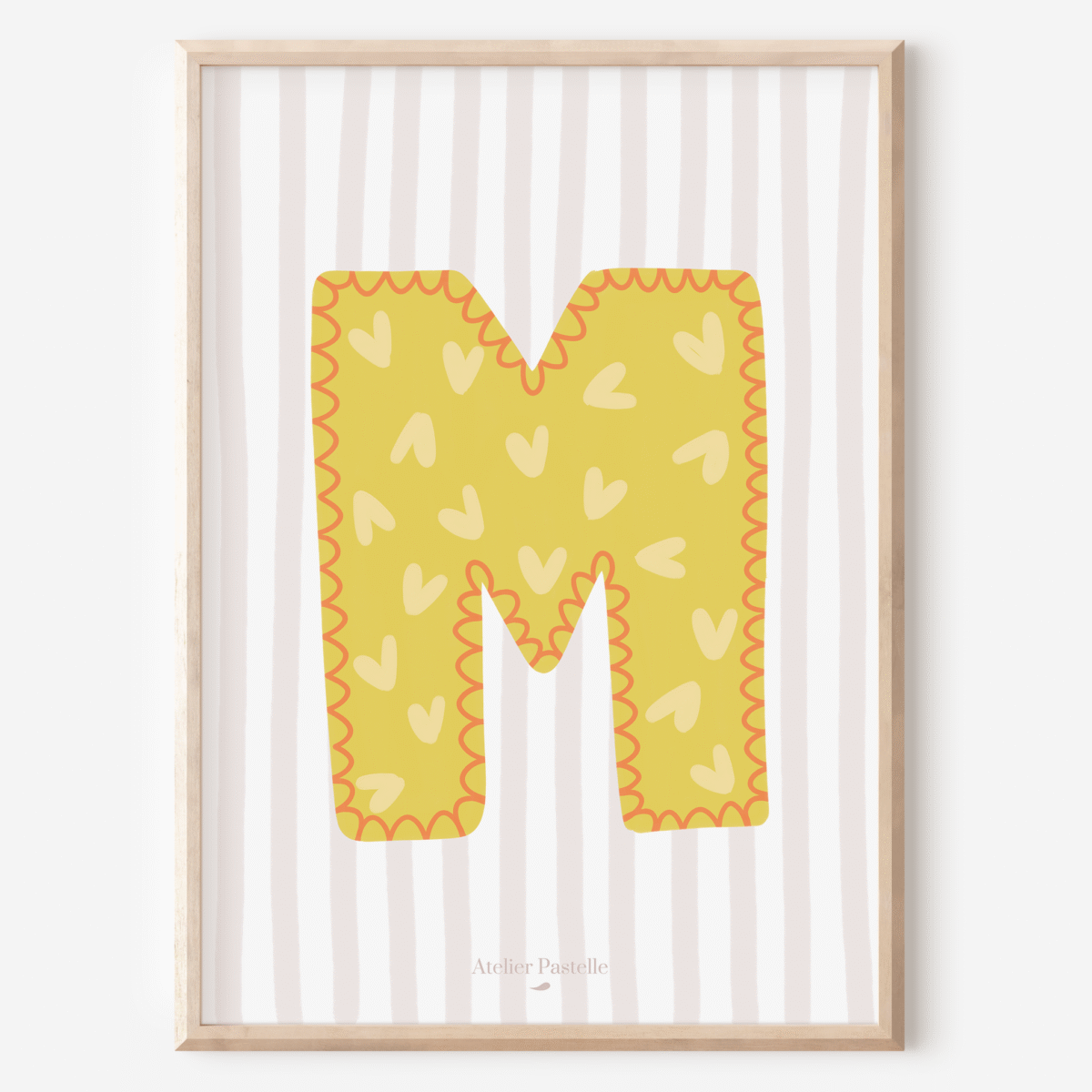 Affiche lettre M motif coeurs jaune - collection Les Petites Initiales