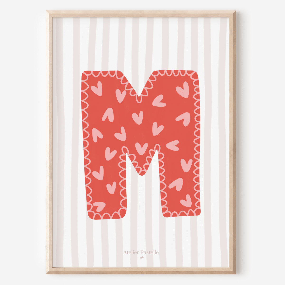 Affiche lettre M motif coeurs rouge - collection Les Petites Initiales