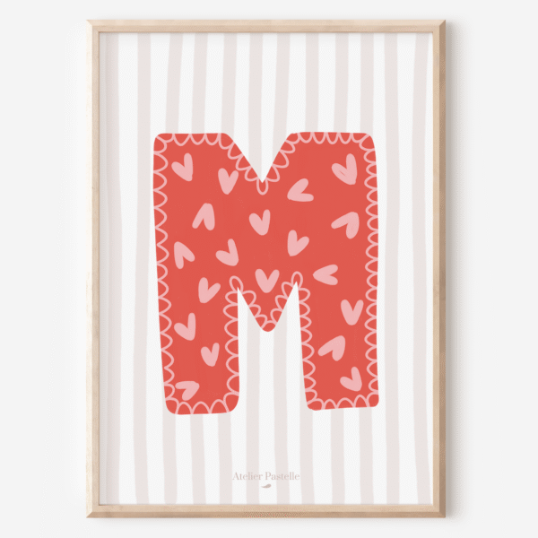 Affiche lettre M motif coeurs rouge - collection Les Petites Initiales