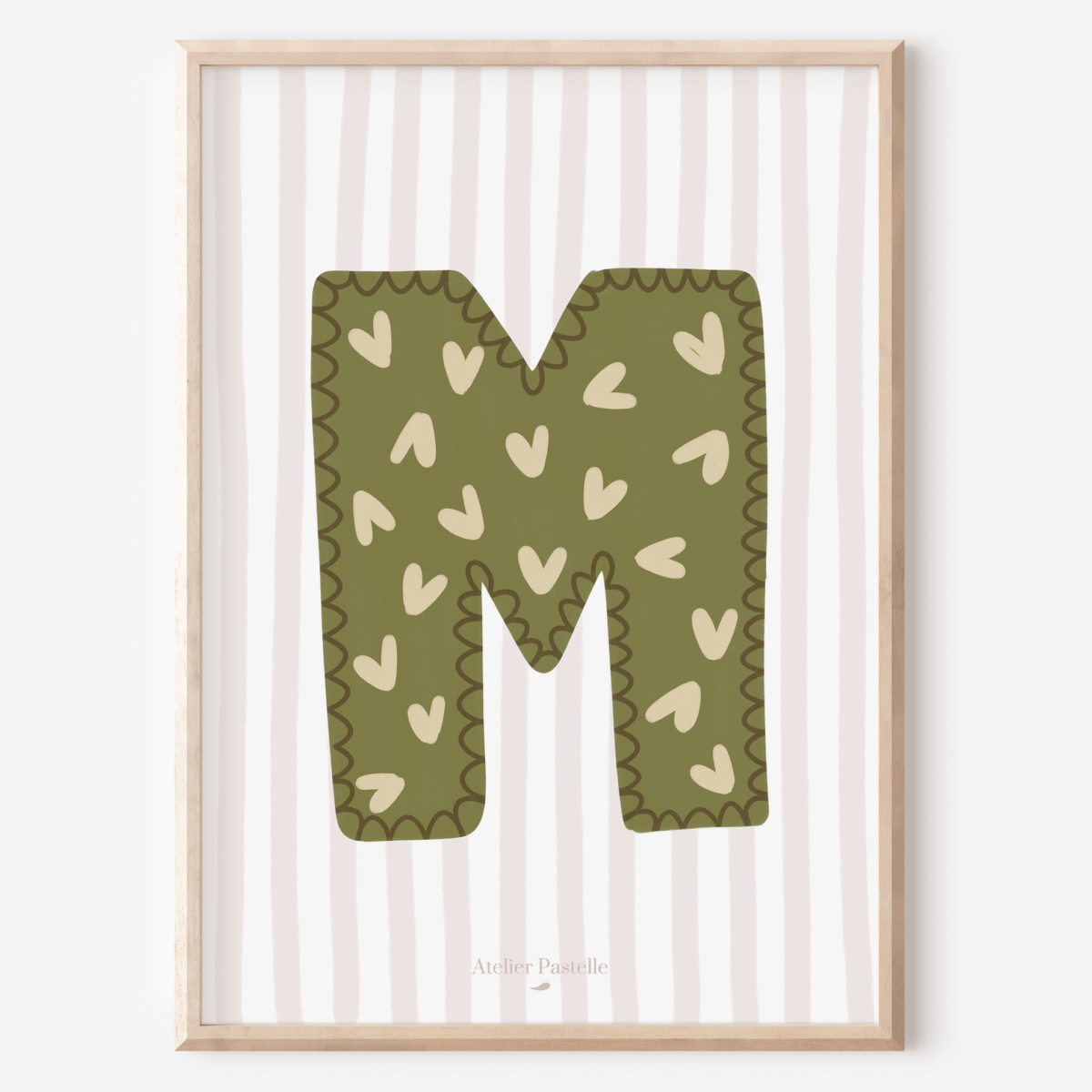 Affiche lettre M motif coeurs vert - collection Les Petites Initiales