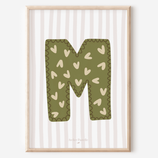 Affiche lettre M motif coeurs vert - collection Les Petites Initiales