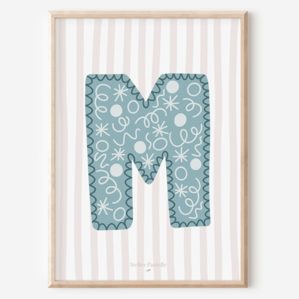 Affiche lettre M motif confettis bleu clair - collection Les Petites Initiales