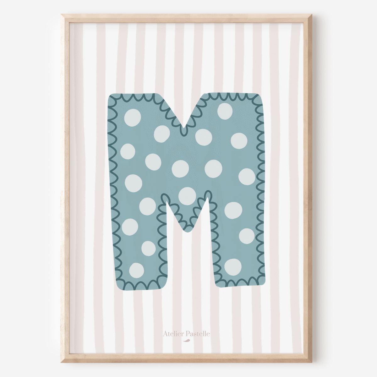 Affiche lettre M motif pois bleu clair - collection Les Petites Initiales