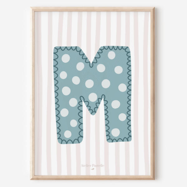 Affiche lettre M motif pois bleu clair - collection Les Petites Initiales