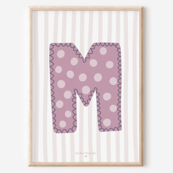 Affiche lettre M motif pois violet - collection Les Petites Initiales
