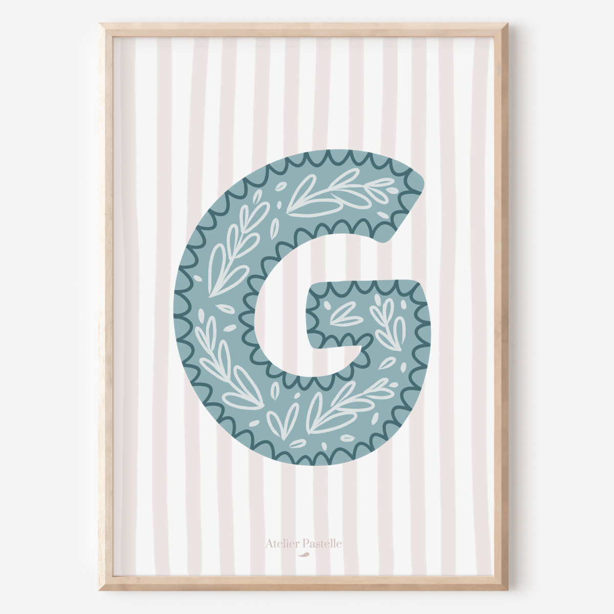 Affiche lettre G motif brindilles bleu clair - collection Les Petites Initiales