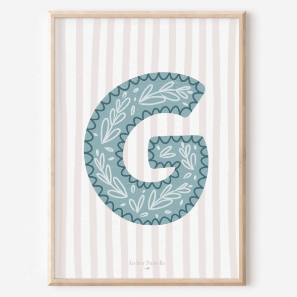 Affiche lettre G motif brindilles bleu clair - collection Les Petites Initiales