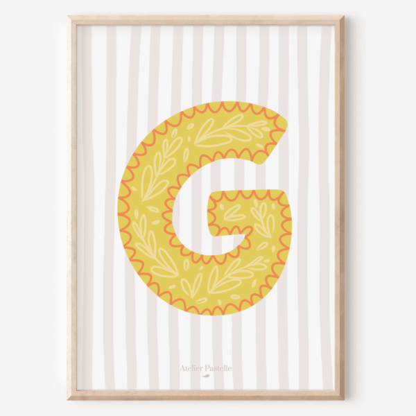 Affiche lettre G motif brindilles jaune - collection Les Petites Initiales