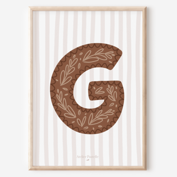 Affiche lettre G motif brindilles marron - collection Les Petites Initiales