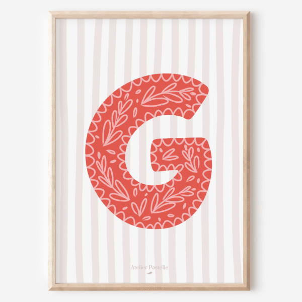 Affiche lettre G motif brindilles rouge - collection Les Petites Initiales