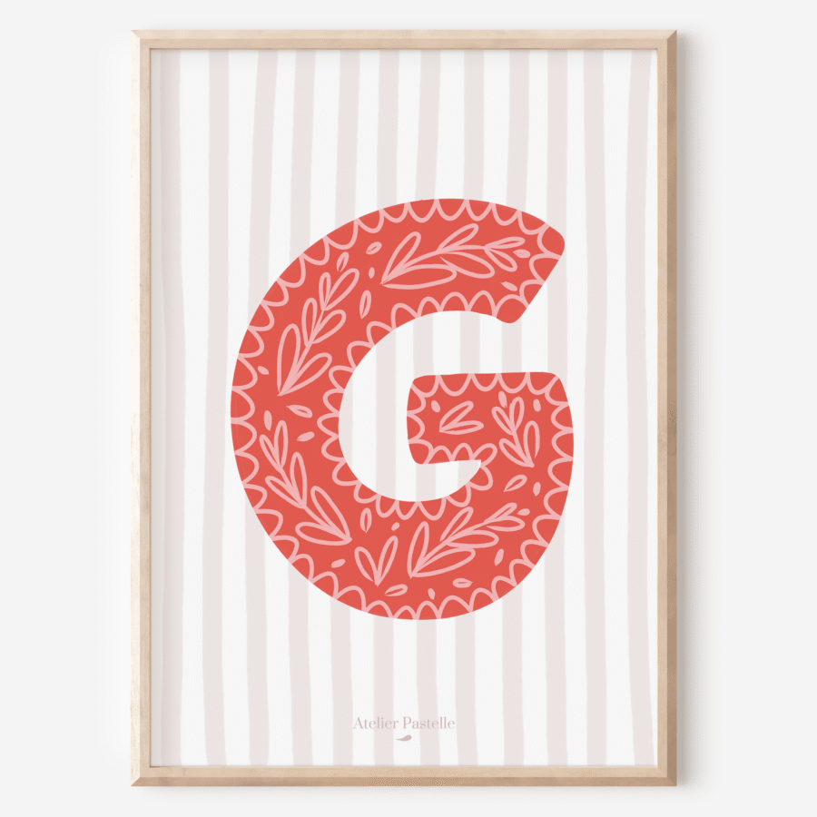 Affiche lettre G motif brindilles rouge - collection Les Petites Initiales
