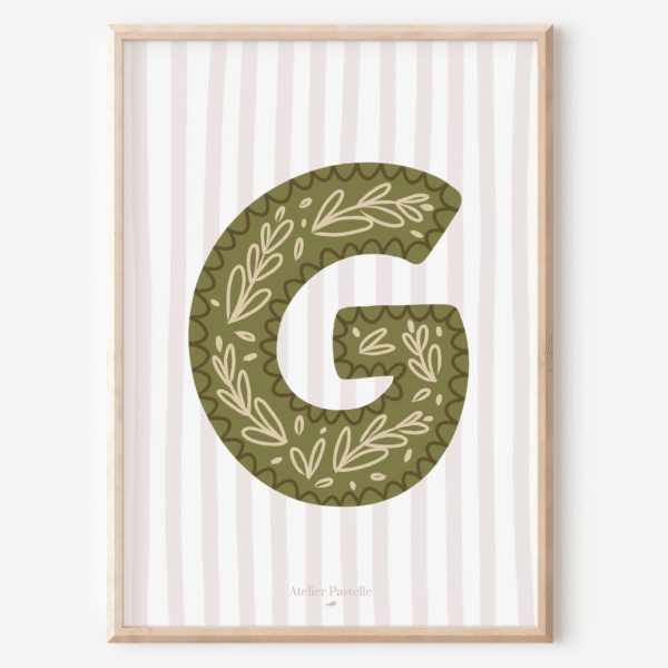 Affiche lettre G motif brindilles vert - collection Les Petites Initiales