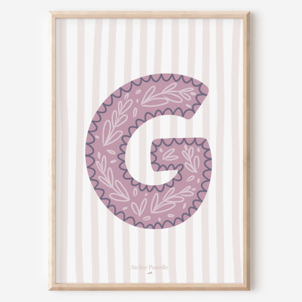 Affiche lettre G motif brindilles violet - collection Les Petites Initiales