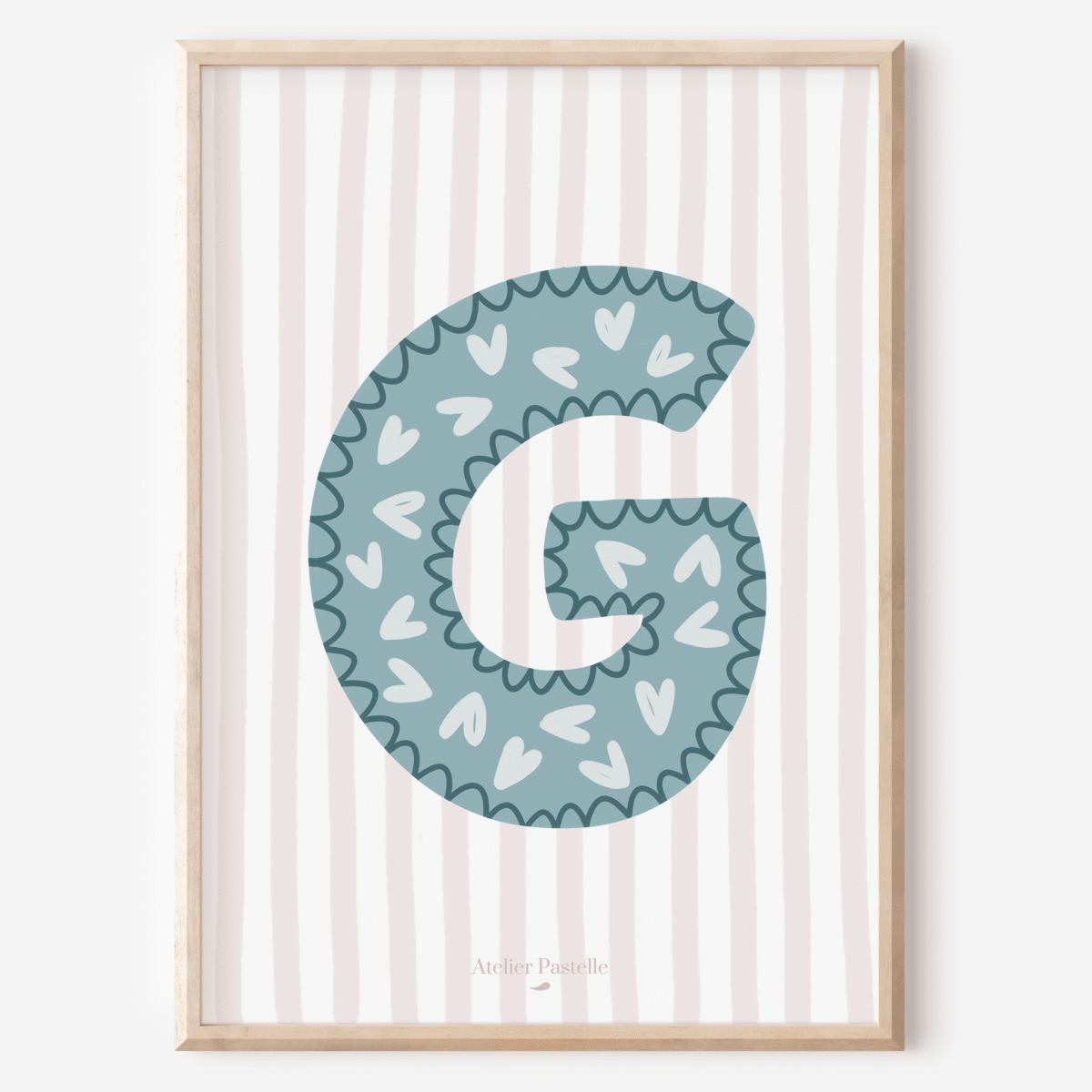 Affiche lettre G motif coeurs bleu clair - collection Les Petites Initiales