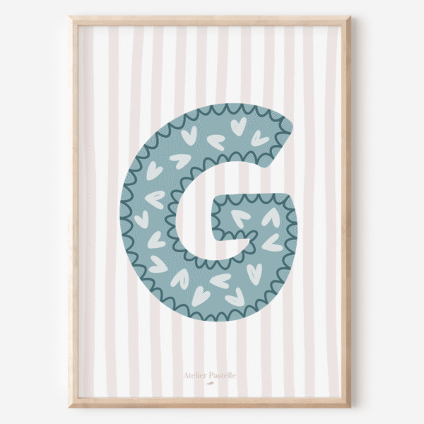 Affiche lettre G motif coeurs bleu clair - collection Les Petites Initiales