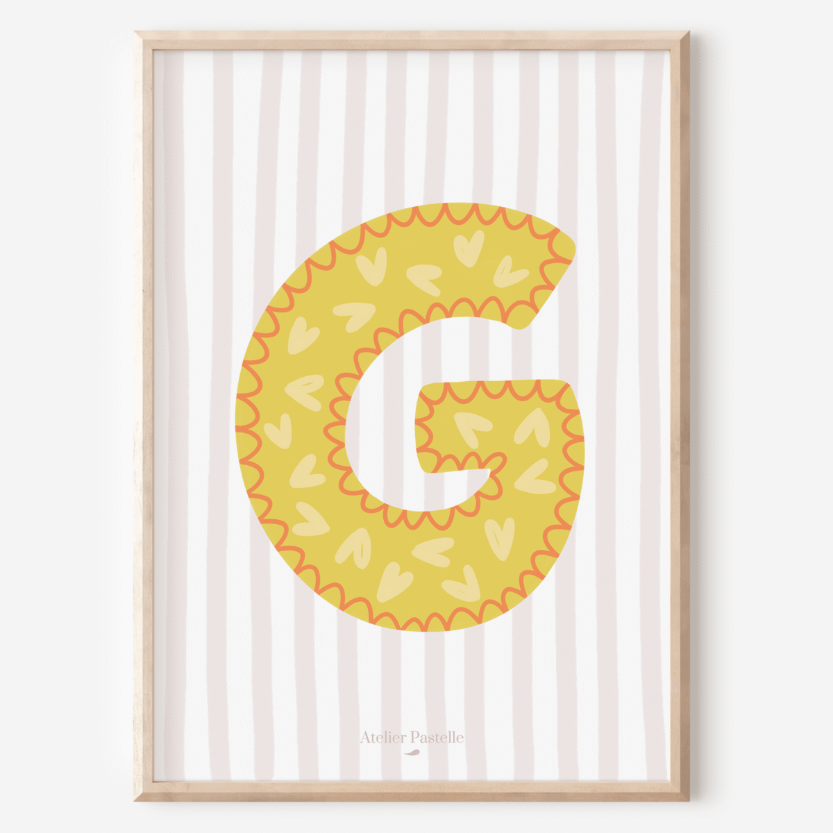 Affiche lettre G motif coeurs jaune - collection Les Petites Initiales