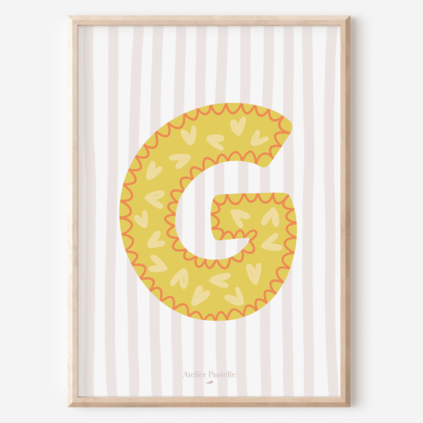 Affiche lettre G motif coeurs jaune - collection Les Petites Initiales