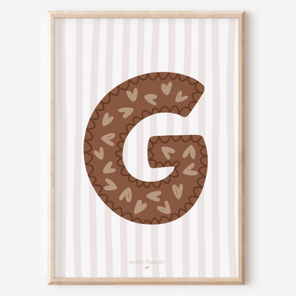Affiche lettre G motif coeurs marron - collection Les Petites Initiales