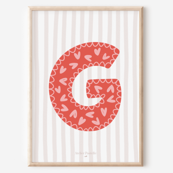 Affiche lettre G motif coeurs rouge - collection Les Petites Initiales