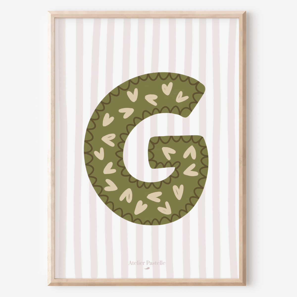 Affiche lettre G motif coeurs vert - collection Les Petites Initiales