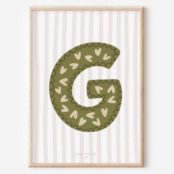 Affiche lettre G motif coeurs vert - collection Les Petites Initiales