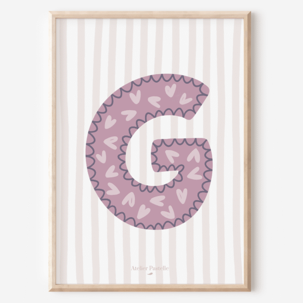 Affiche lettre G motif coeurs violet - collection Les Petites Initiales