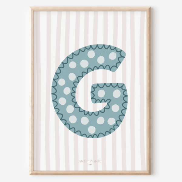 Affiche lettre G motif pois bleu clair - collection Les Petites Initiales